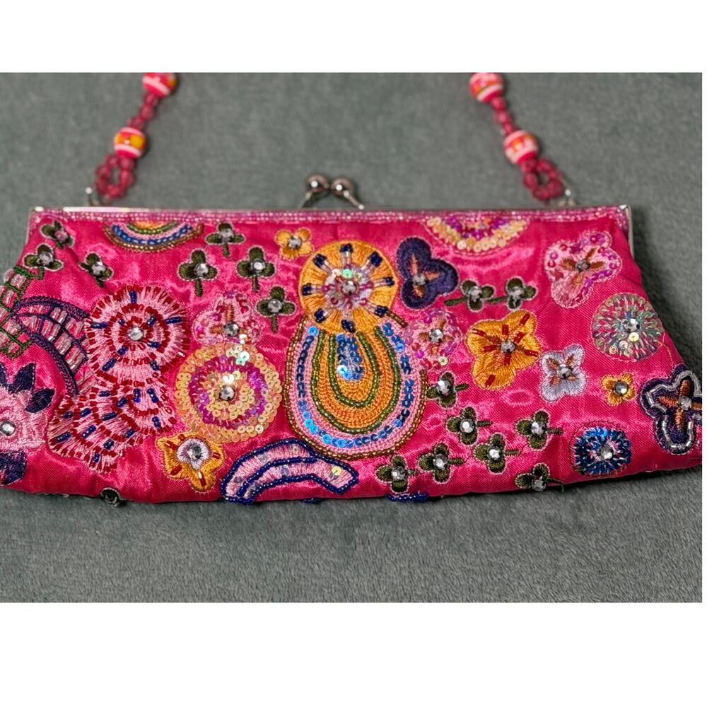 Pink Embroidered Satin Clutch Evening Bag Kiss Lock Boho Festival Statement Bag - Picture 7 of 11
